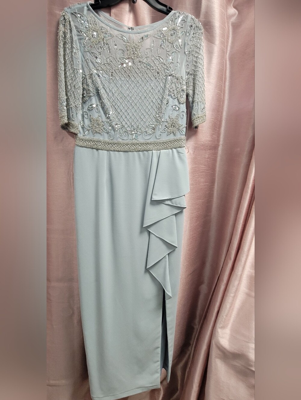 Adrianna Papell Pale Blue beaded formal dress with Ruffle Side Detail